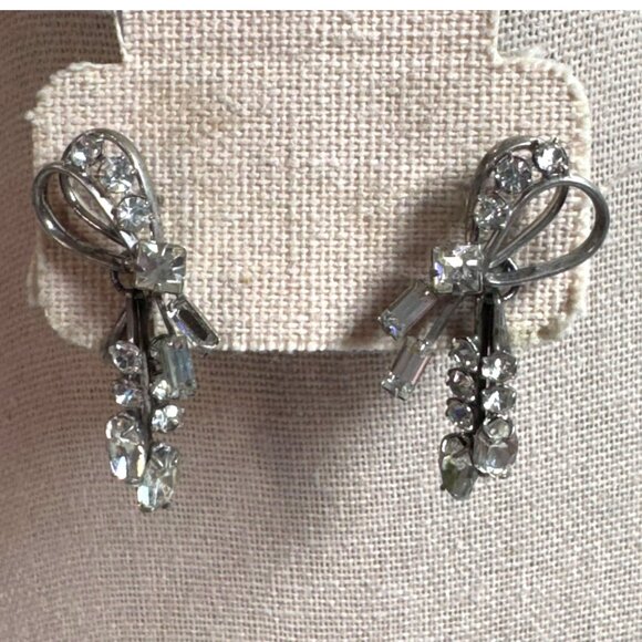 Vintage Carl Art Signed Sterling Silver Crystal Clear Dangle Screw Back Earrings - Picture 1 of 5